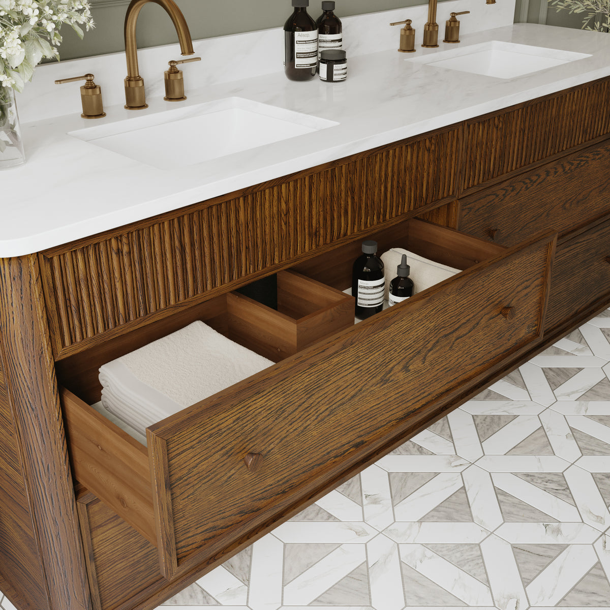 Kathryne Reeded 84" Double Bathroom Vanity in Enhanced Brown Oak | Statuario Quartz Countertop (Copy)