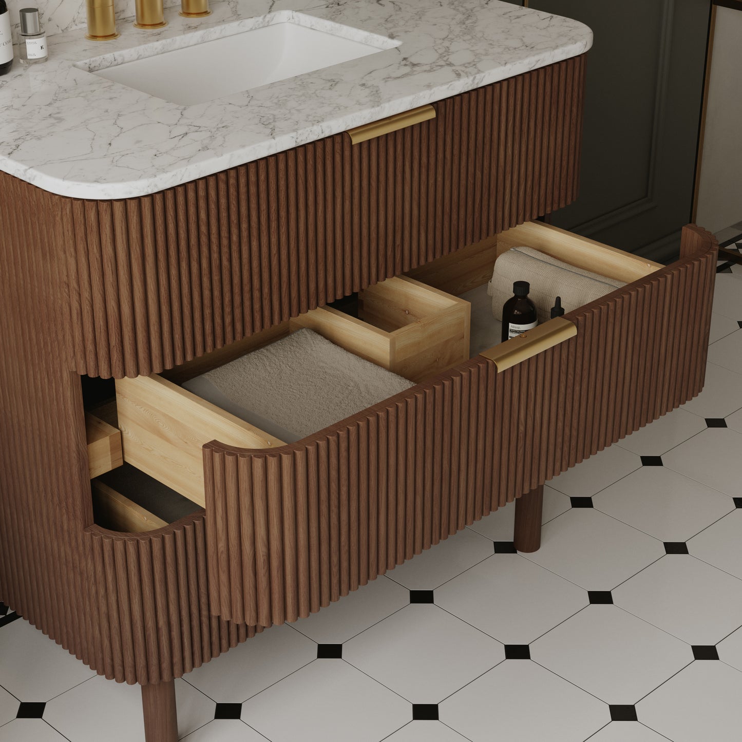 Havana 36" Wide Single Bathroom Vanity in Brown Reeded Birch with Carrara Marble Countertop