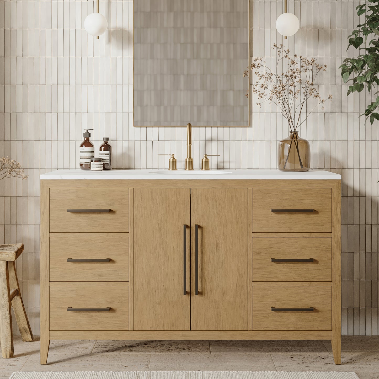 Bergen 54" Single Bathroom Vanity in Brushed Oak | Calacatta Gold Quartz Countertop