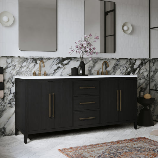 Bergen 72" Double Bathroom Vanity in Wire Brushed Dark Oak | Calacatta Gold Quartz Countertop