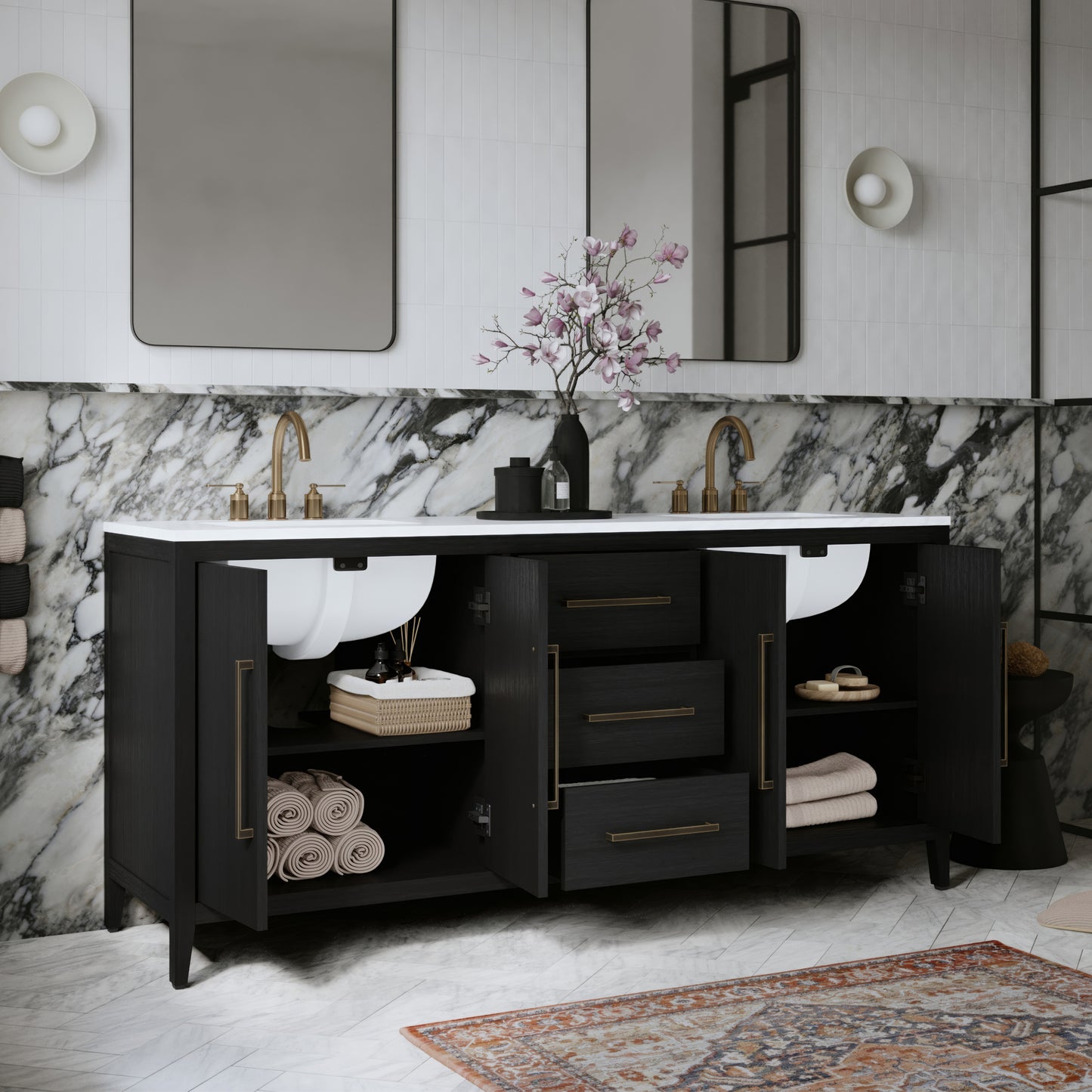 Bergen 72" Double Bathroom Vanity in Wire Brushed Dark Oak | Calacatta Gold Quartz Countertop