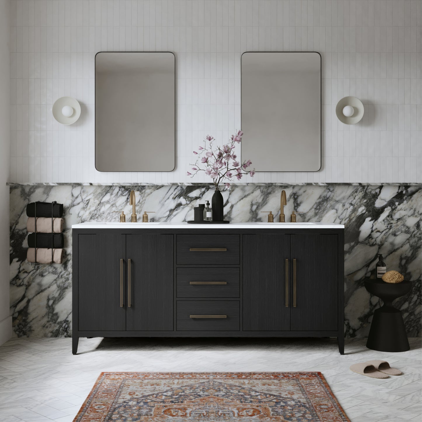 Bergen 72" Double Bathroom Vanity in Wire Brushed Dark Oak | Calacatta Gold Quartz Countertop