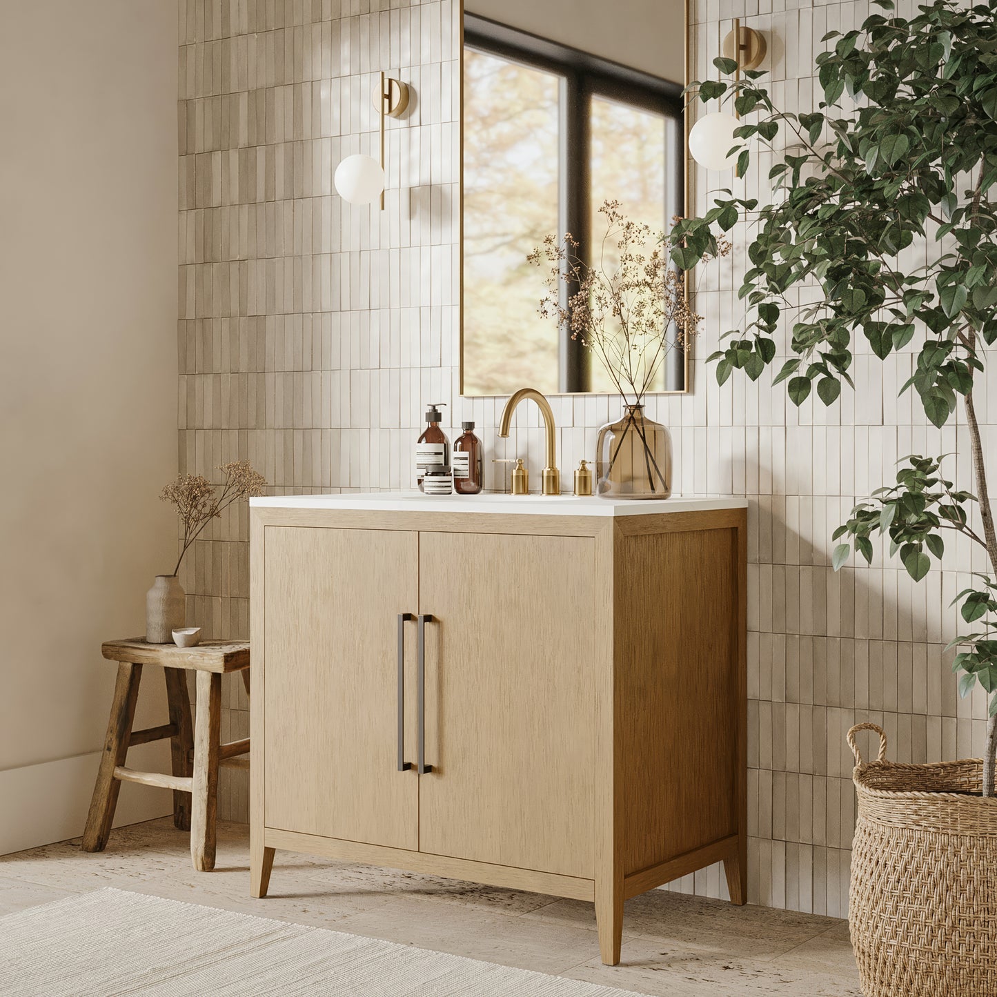 Bergen 36" Single Bathroom Vanity in Brushed Oak | Calacatta Gold Quartz Countertop