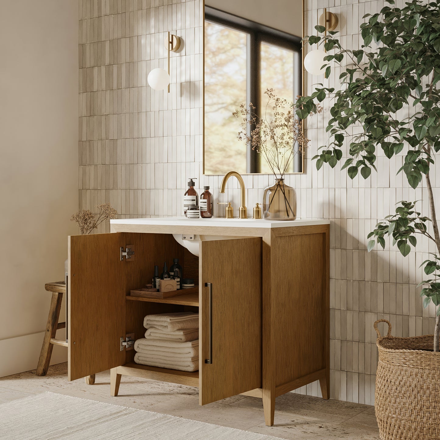 Bergen 36" Single Bathroom Vanity in Brushed Oak | Calacatta Gold Quartz Countertop