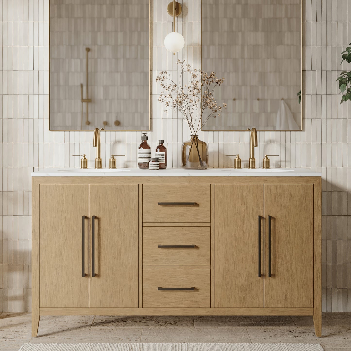 Bergen 60" Double Bathroom Vanity in Wire Brushed Oak | Calacatta Gold Quartz Countertop