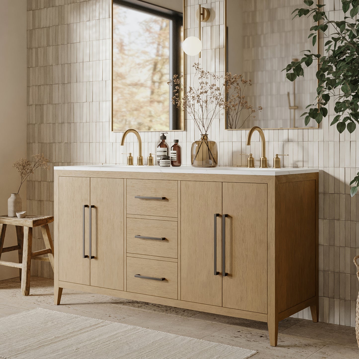 Bergen 60" Double Bathroom Vanity in Wire Brushed Oak | Calacatta Gold Quartz Countertop