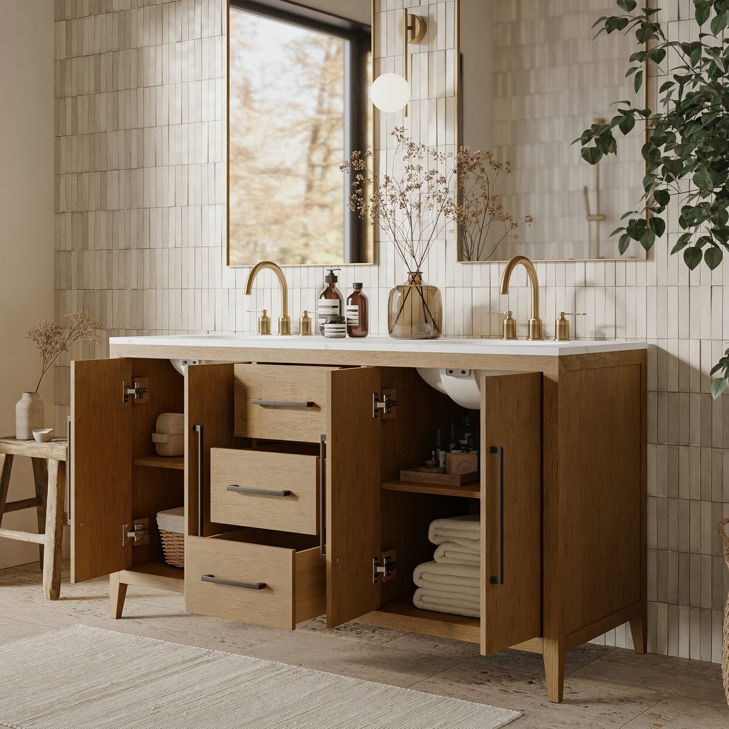 Bergen 60" Double Bathroom Vanity in Wire Brushed Oak | Calacatta Gold Quartz Countertop
