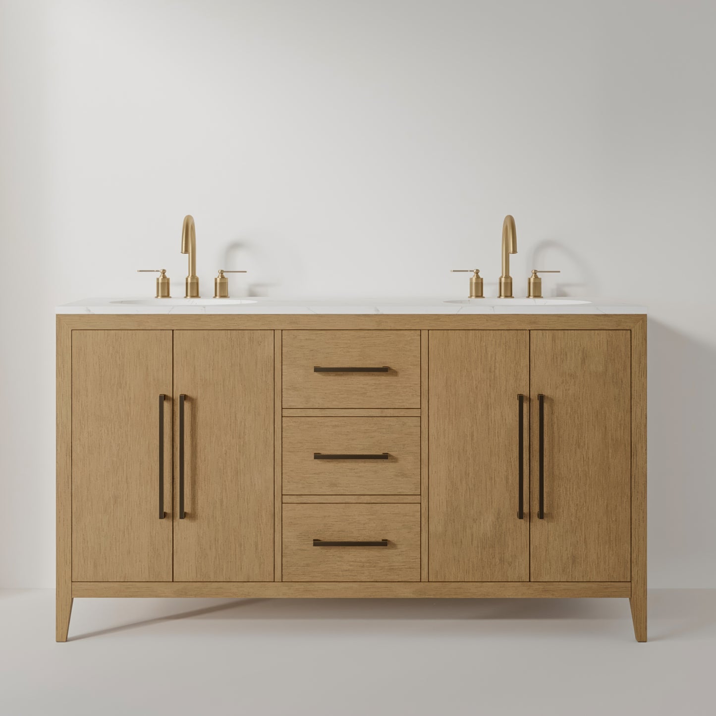 Bergen 60" Double Bathroom Vanity in Wire Brushed Oak | Calacatta Gold Quartz Countertop