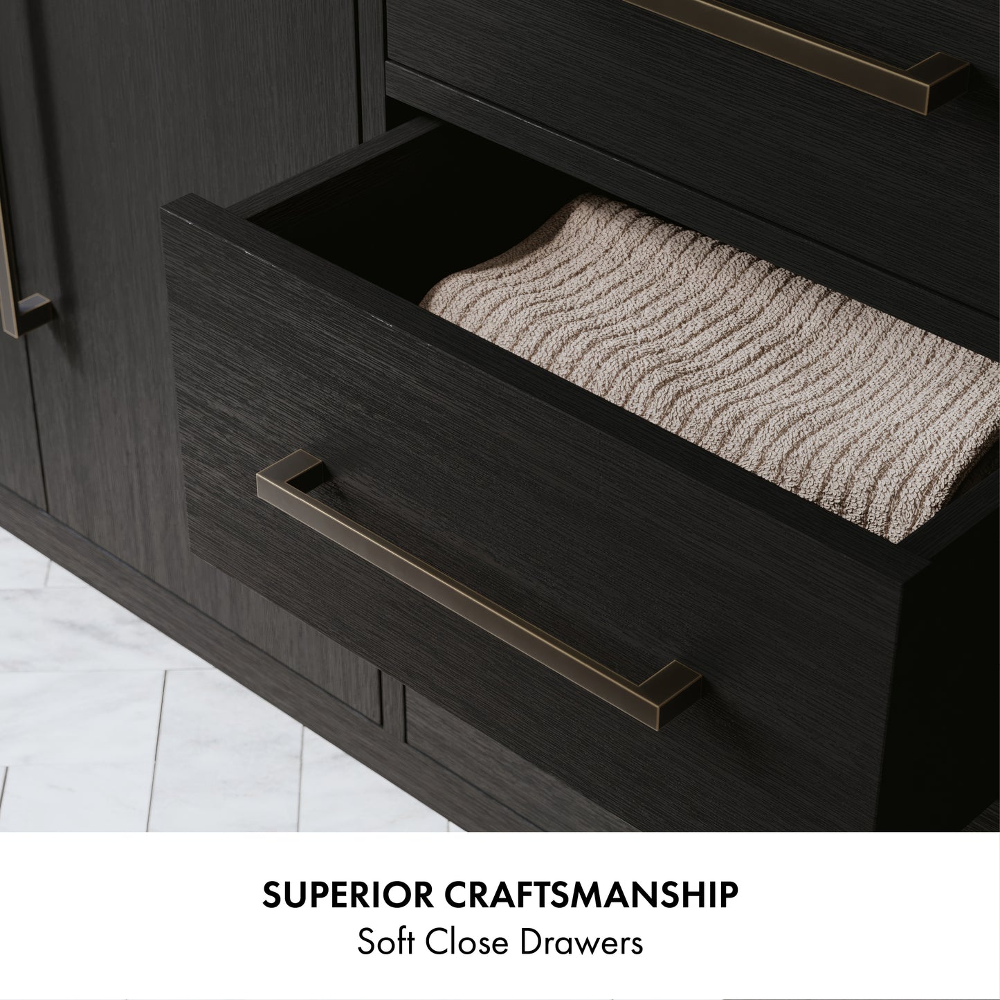 Bergen 72" Double Bathroom Vanity in Wire Brushed Dark Oak | Calacatta Gold Quartz Countertop