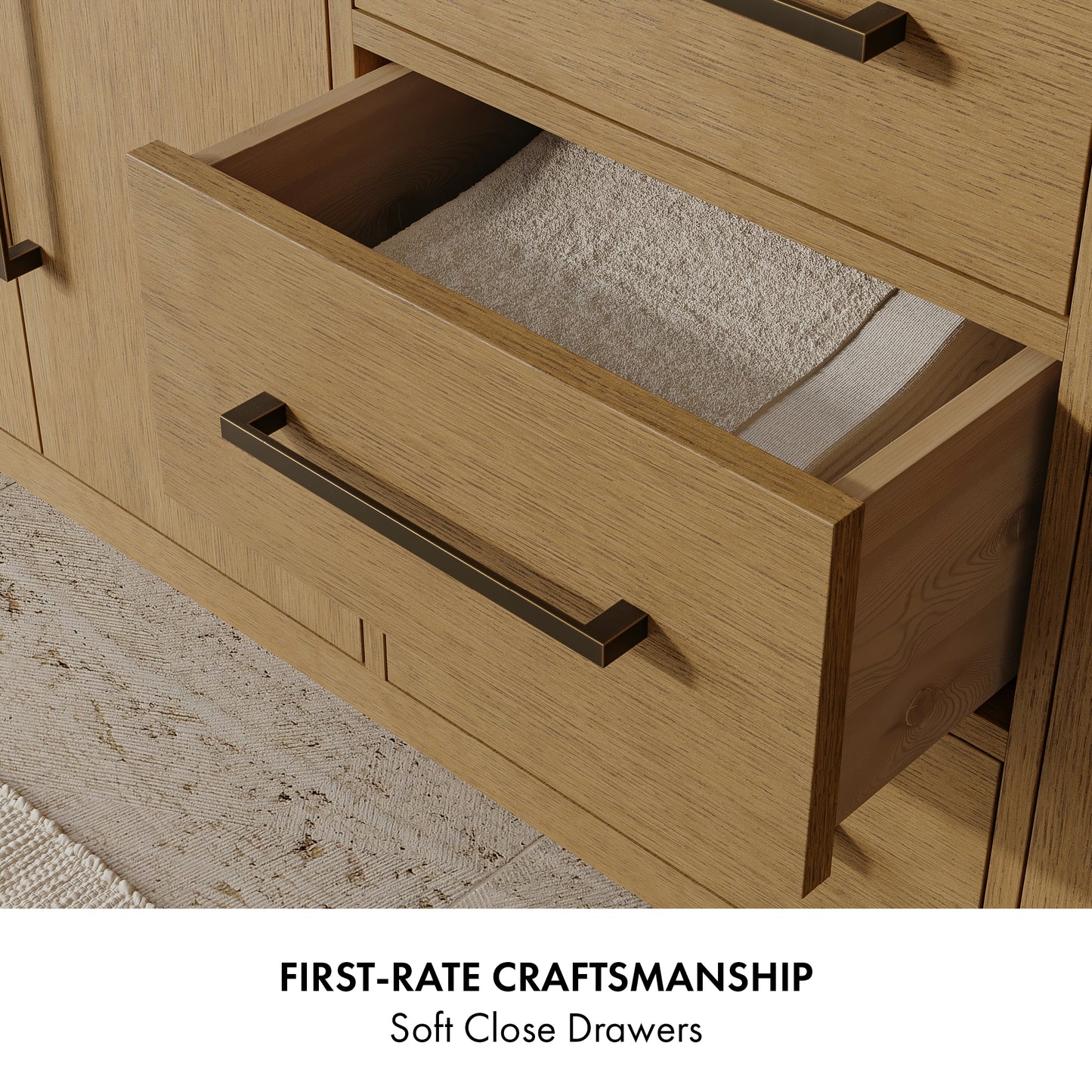 Bergen 60" Double Bathroom Vanity in Wire Brushed Oak | Calacatta Gold Quartz Countertop