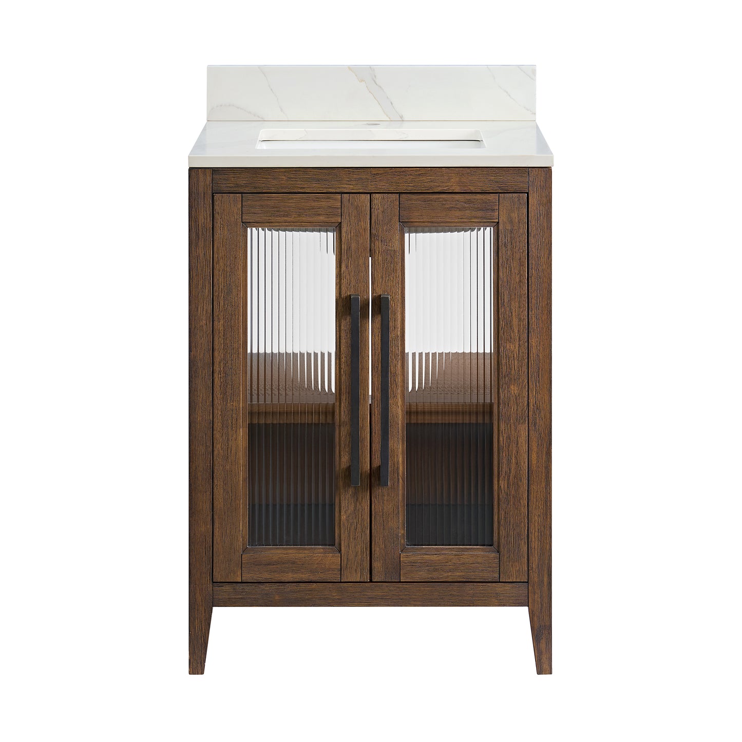 Apothecary 24W X 22D-Inch Single Bathroom Vanity With Fluted Glass Doors | Calacatta Quartz Countertop
