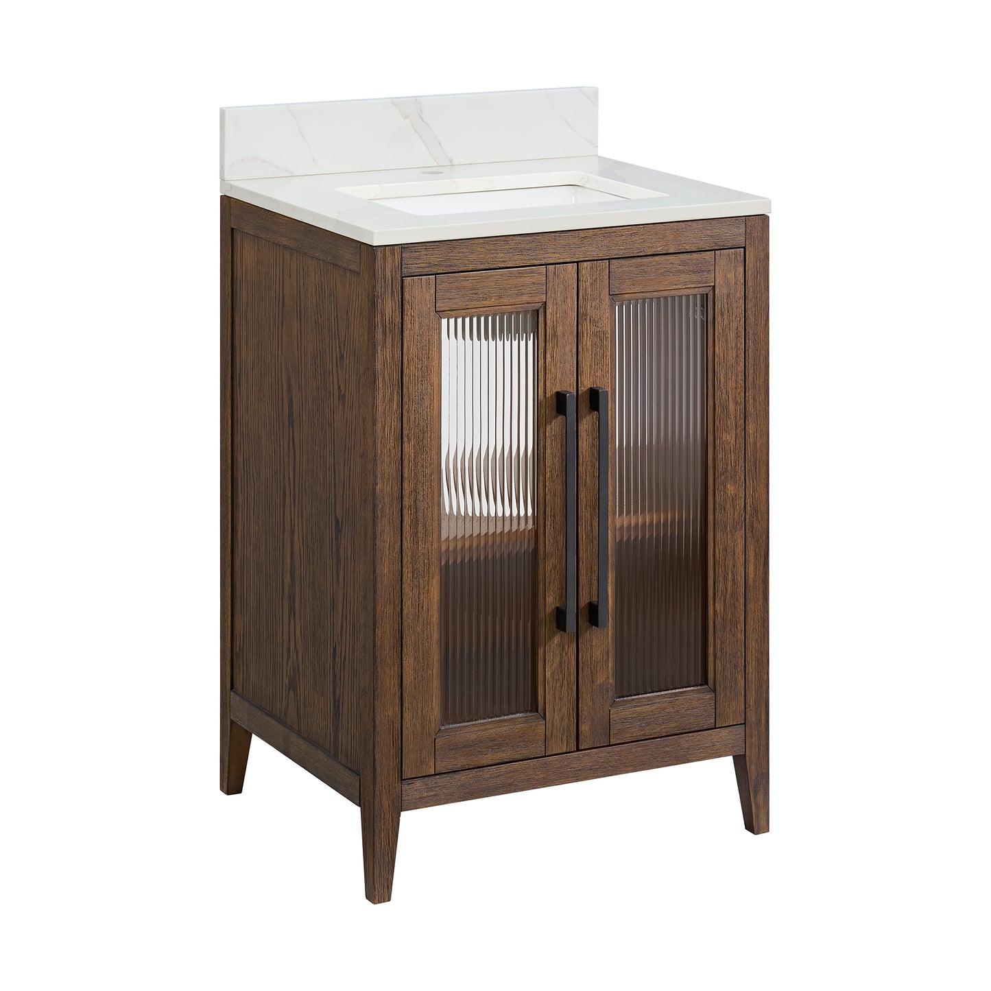 Apothecary 24W X 22D-Inch Single Bathroom Vanity With Fluted Glass Doors | Calacatta Quartz Countertop