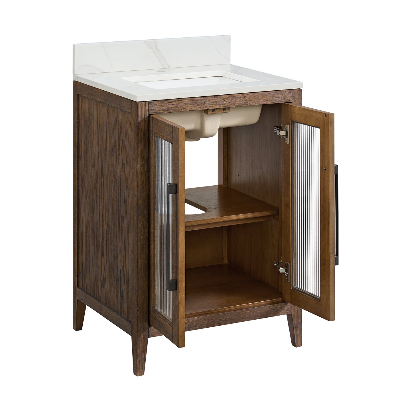 Apothecary 24W X 22D-Inch Single Bathroom Vanity With Fluted Glass Doors | Calacatta Quartz Countertop