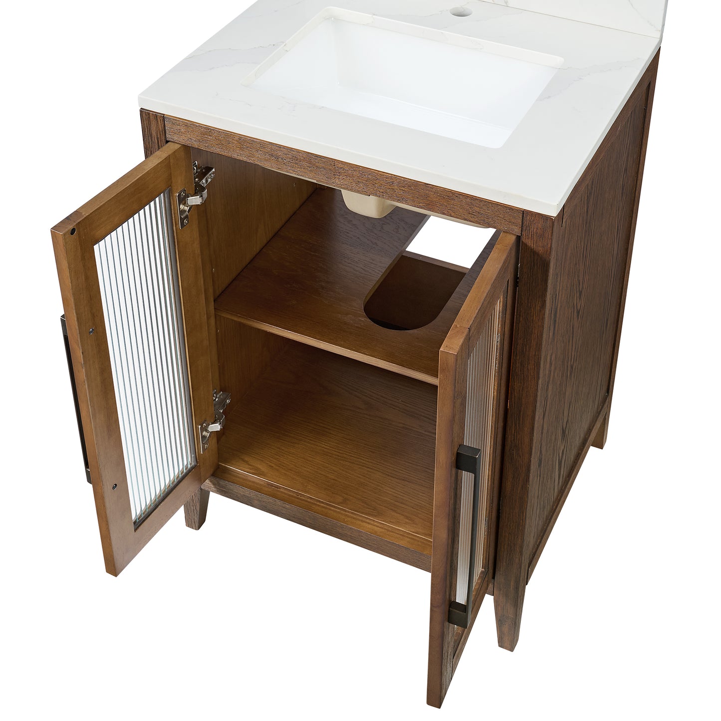 Apothecary 24W X 22D-Inch Single Bathroom Vanity With Fluted Glass Doors | Calacatta Quartz Countertop