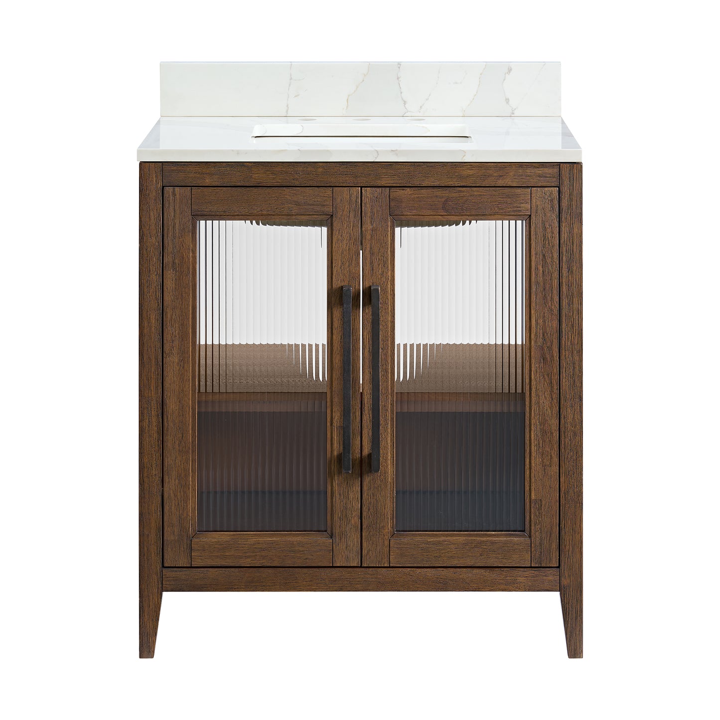 Apothecary 30W X 22D-Inch Single Bathroom Vanity With Fluted Glass Doors | Calacatta Quartz Countertop