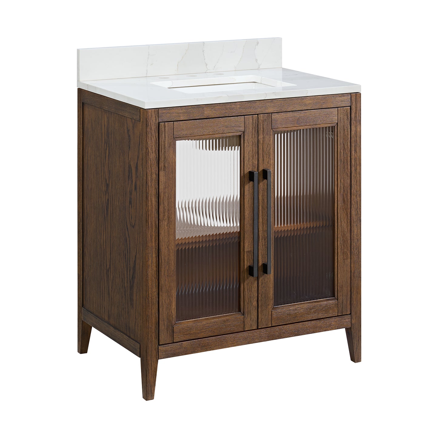 Apothecary 30W X 22D-Inch Single Bathroom Vanity With Fluted Glass Doors | Calacatta Quartz Countertop