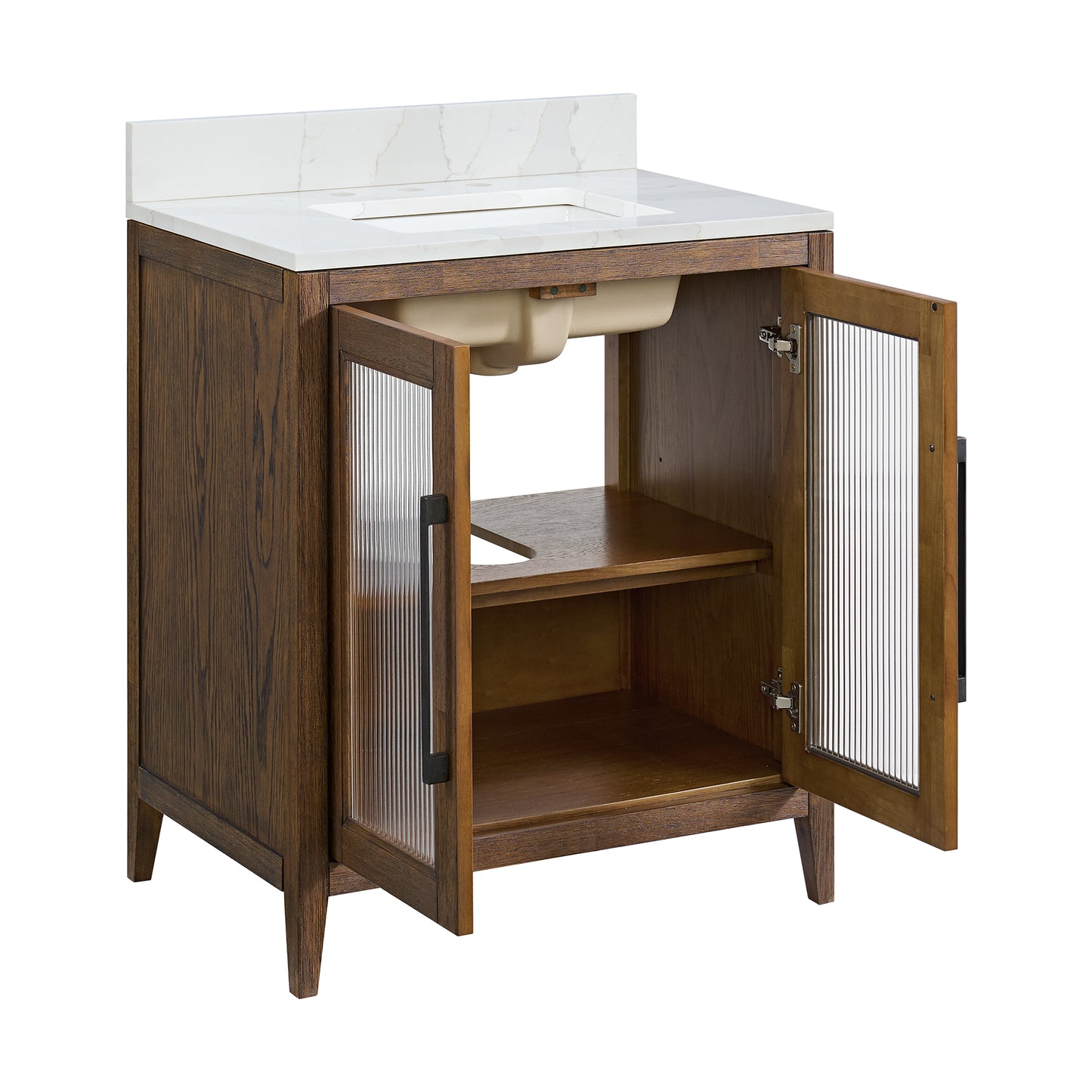 Apothecary 30W X 22D-Inch Single Bathroom Vanity With Fluted Glass Doors | Calacatta Quartz Countertop