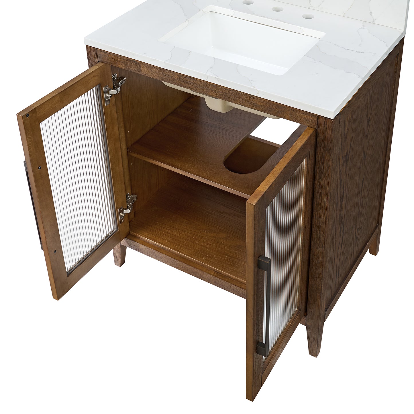 Apothecary 30W X 22D-Inch Single Bathroom Vanity With Fluted Glass Doors | Calacatta Quartz Countertop