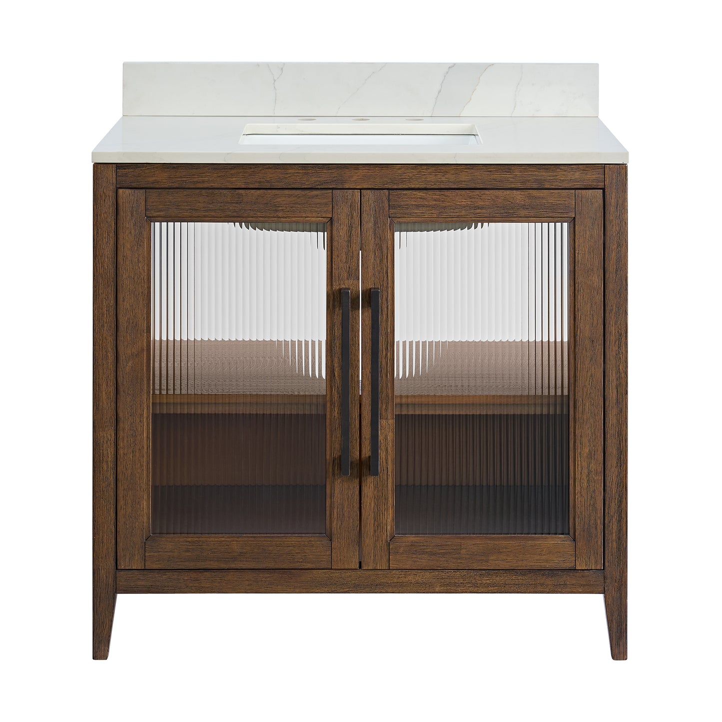 Apothecary 36W X 22D-Inch Single Bathroom Vanity With Fluted Glass Doors | Calacatta Quartz Countertop