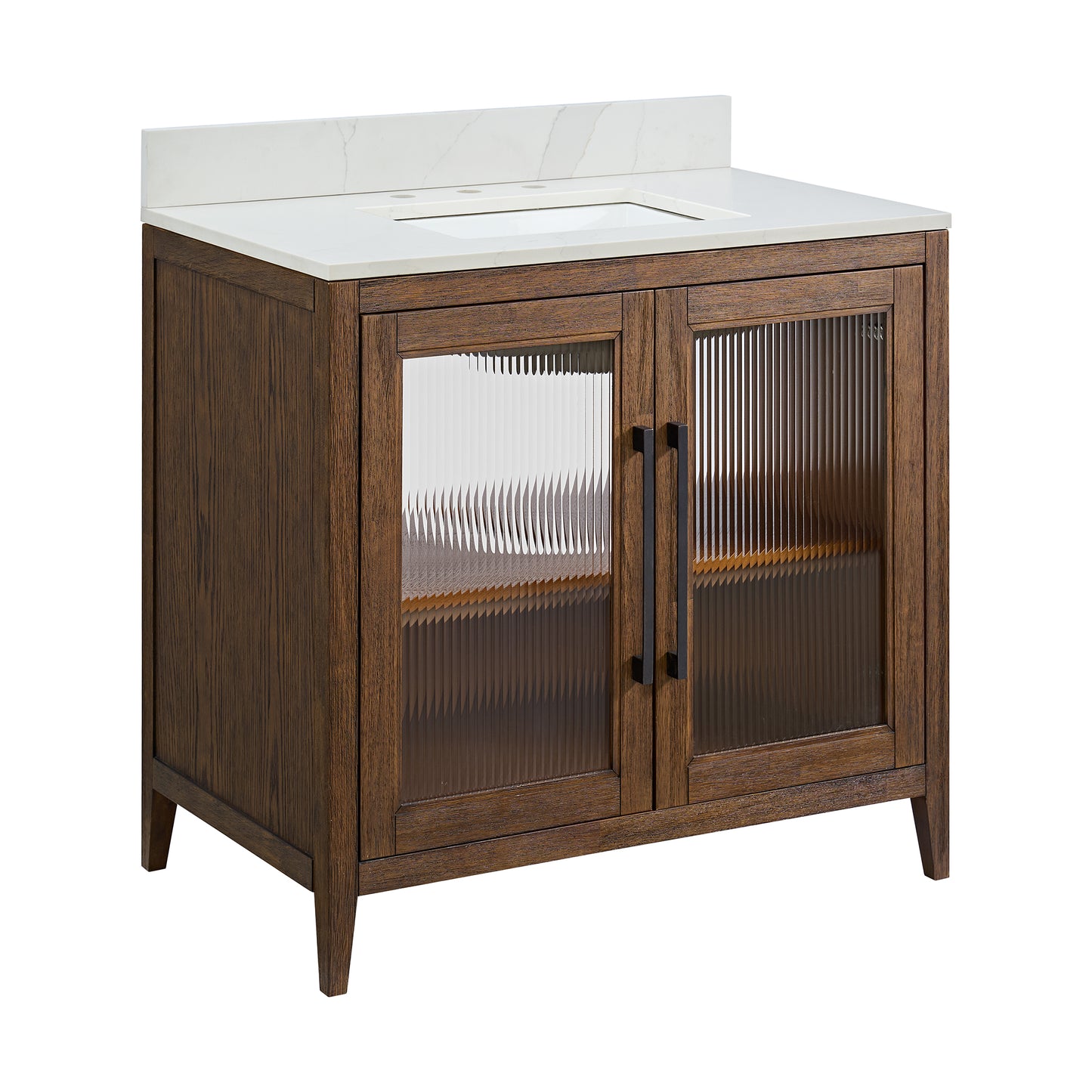 Apothecary 36W X 22D-Inch Single Bathroom Vanity With Fluted Glass Doors | Calacatta Quartz Countertop
