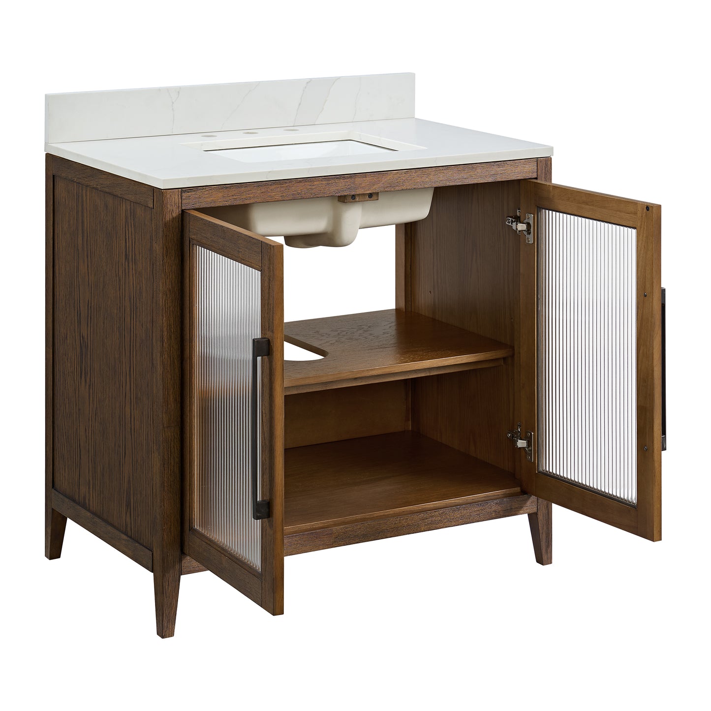 Apothecary 36W X 22D-Inch Single Bathroom Vanity With Fluted Glass Doors | Calacatta Quartz Countertop
