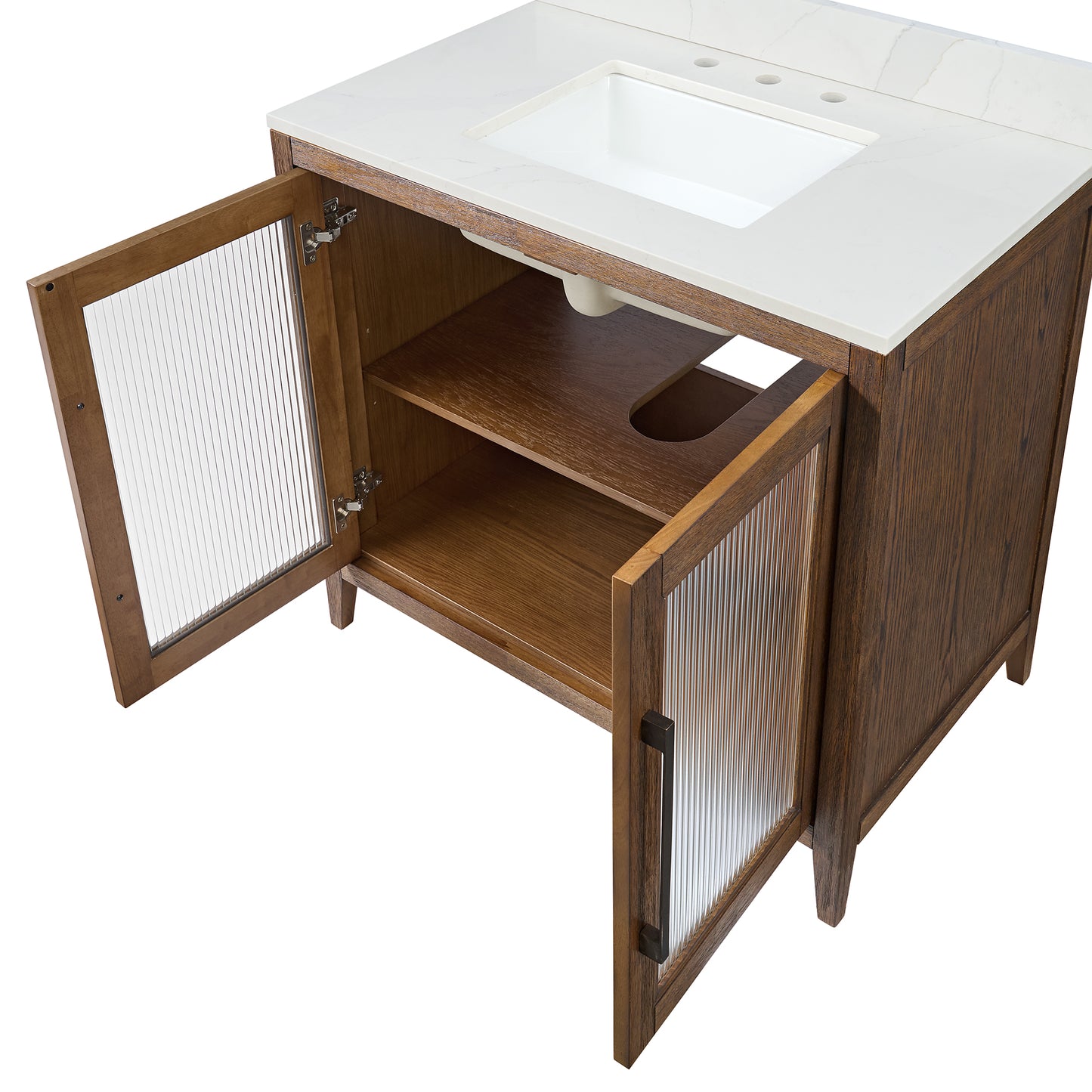Apothecary 36W X 22D-Inch Single Bathroom Vanity With Fluted Glass Doors | Calacatta Quartz Countertop