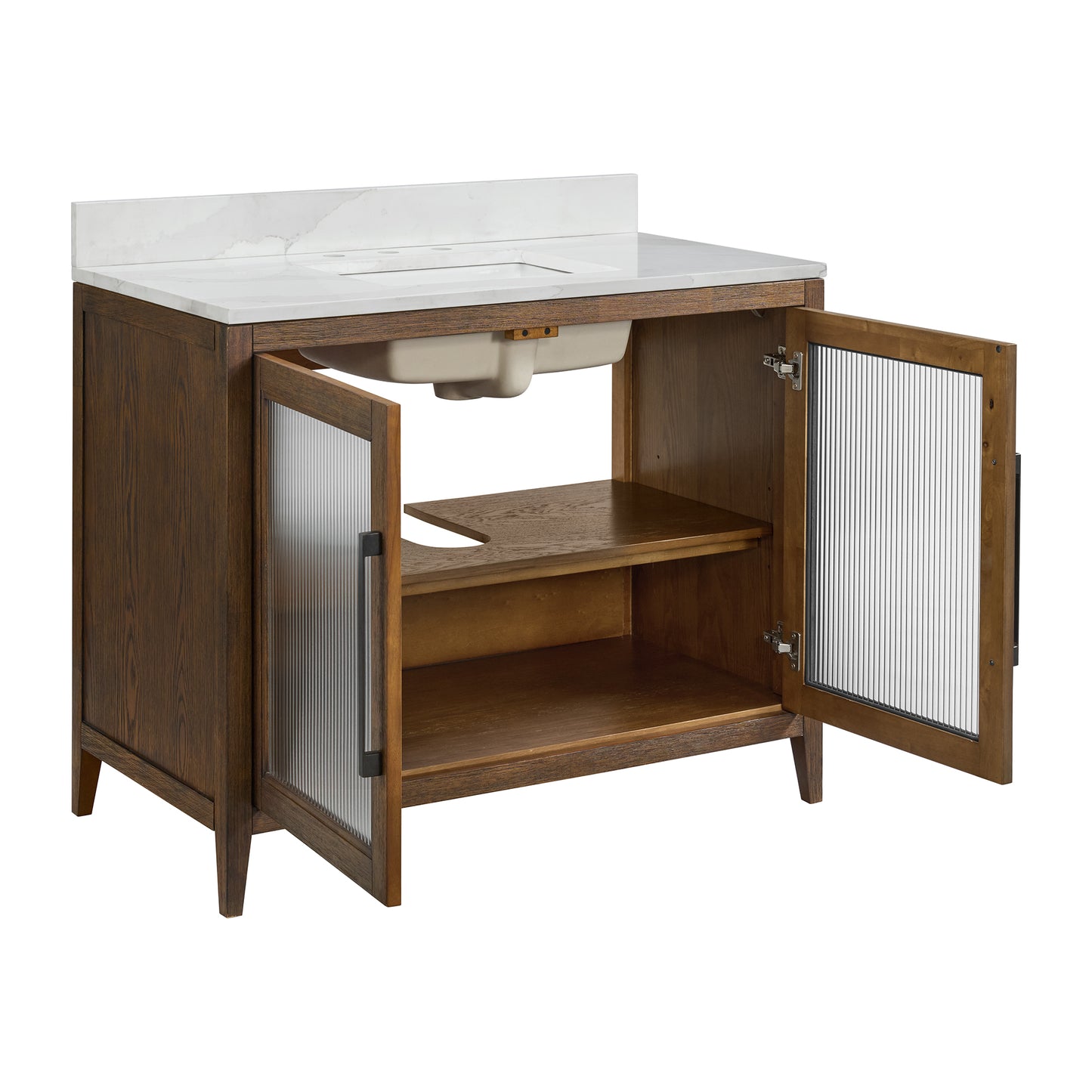 Apothecary 42W X 22D-Inch Single Bathroom Vanity With Fluted Glass Doors | Calacatta Quartz Countertop
