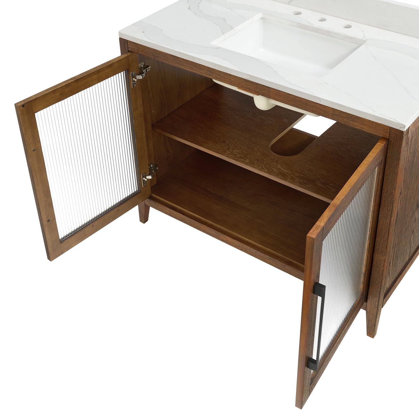 Apothecary 42W X 22D-Inch Single Bathroom Vanity With Fluted Glass Doors | Calacatta Quartz Countertop