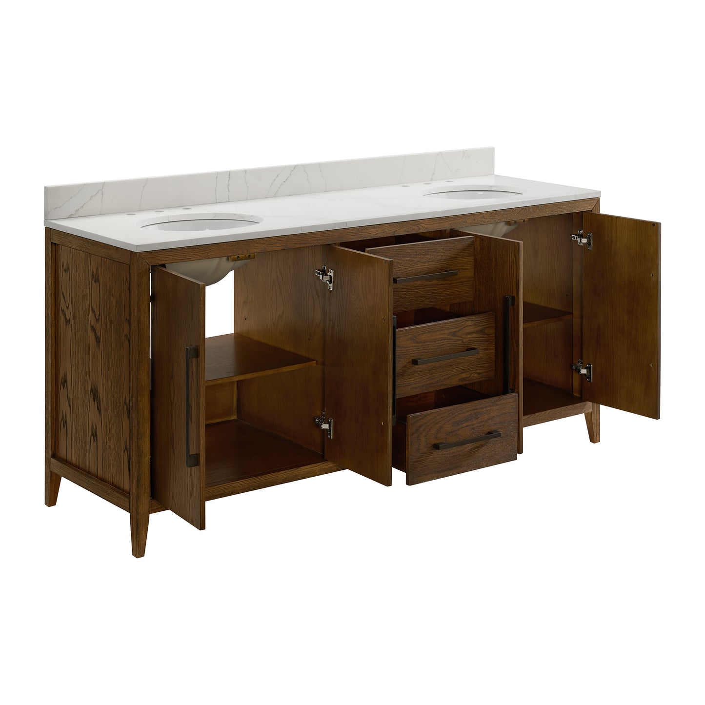 Bergen 72" Double Bathroom Vanity | Enhanced Brown Oak | Calacatta Gold Quartz