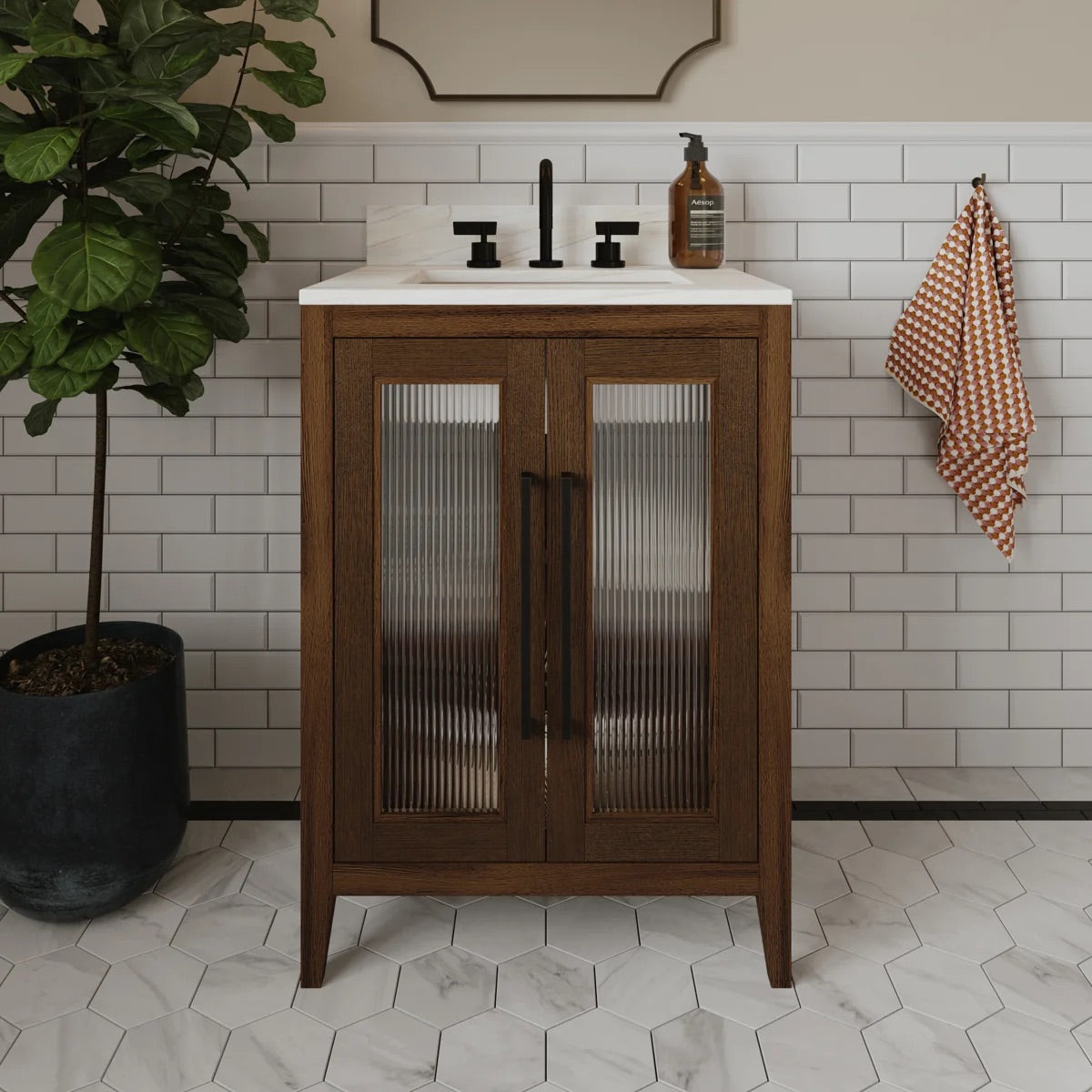 Apothecary 24W X 22D-Inch Single Bathroom Vanity With Fluted Glass Doors | Calacatta Quartz Countertop