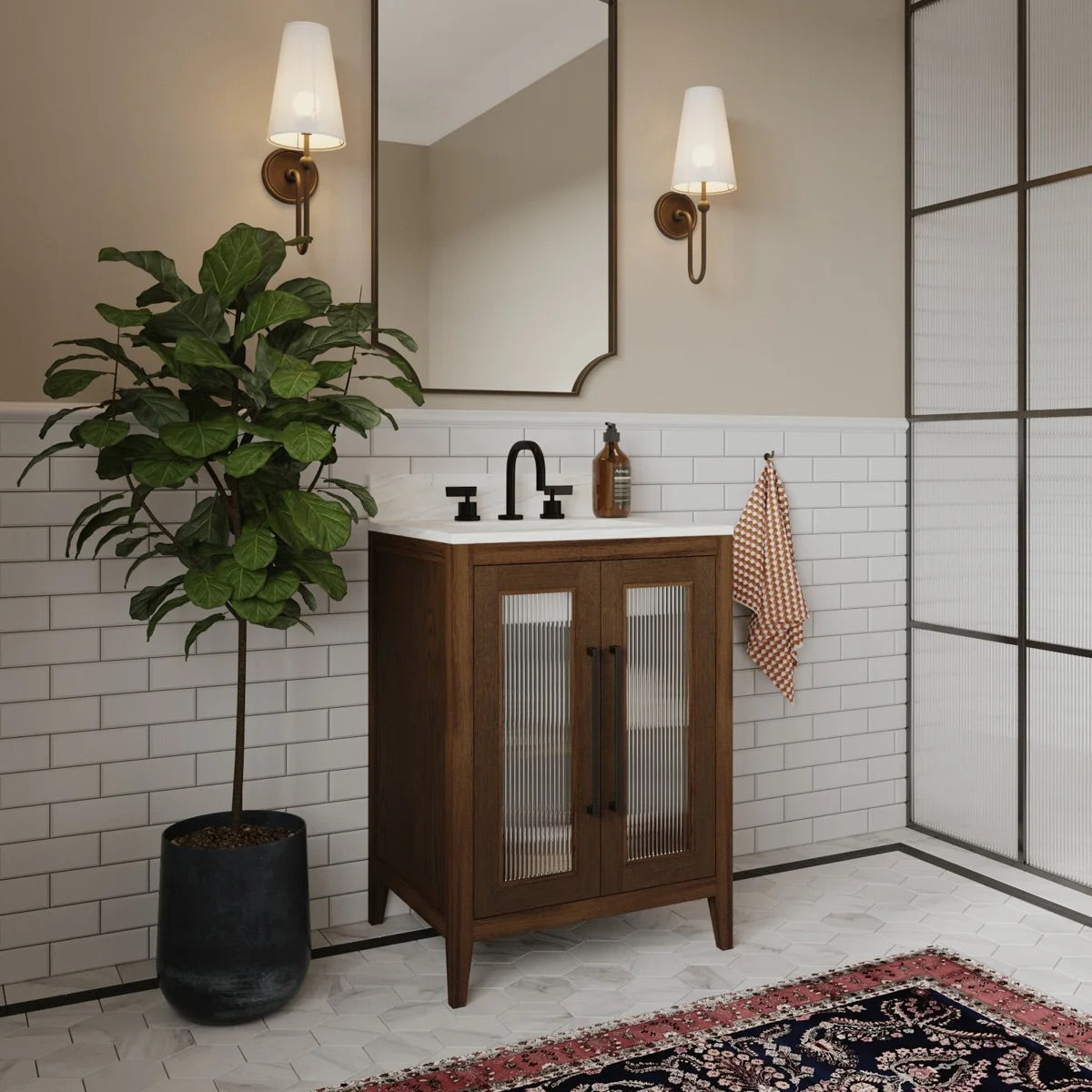 Apothecary 24W X 22D-Inch Single Bathroom Vanity With Fluted Glass Doors | Calacatta Quartz Countertop
