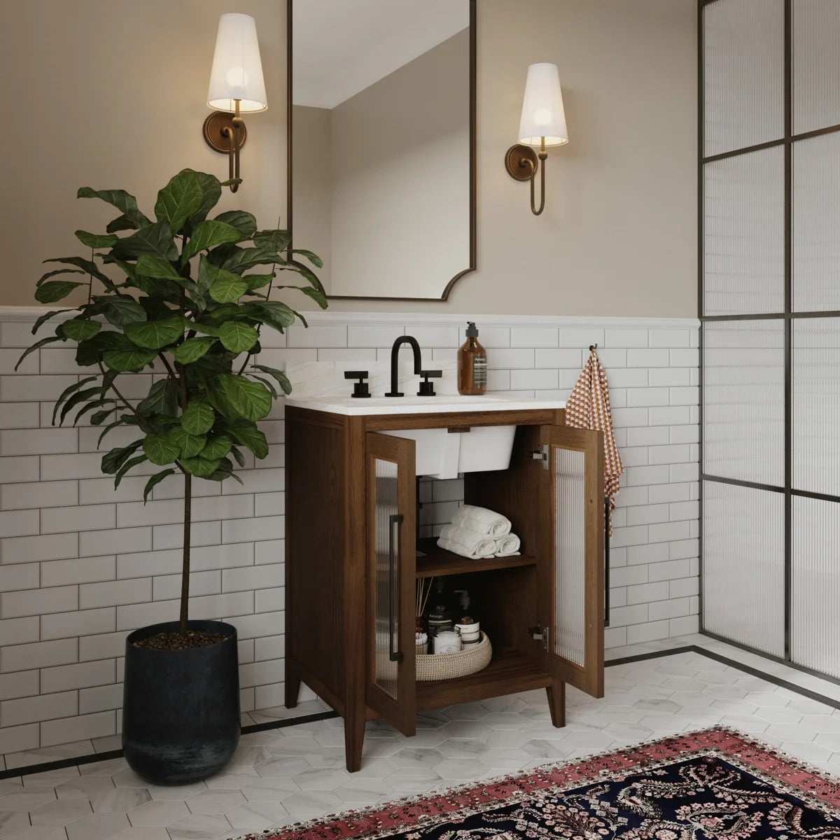 Apothecary 24W X 22D-Inch Single Bathroom Vanity With Fluted Glass Doors | Calacatta Quartz Countertop