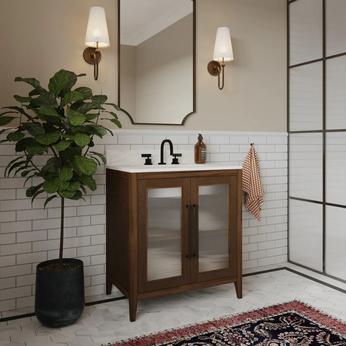 Apothecary 30W X 22D-Inch Single Bathroom Vanity With Fluted Glass Doors | Calacatta Quartz Countertop