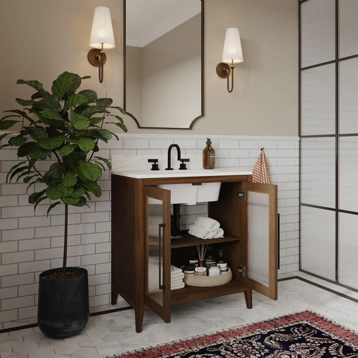 Apothecary 30W X 22D-Inch Single Bathroom Vanity With Fluted Glass Doors | Calacatta Quartz Countertop