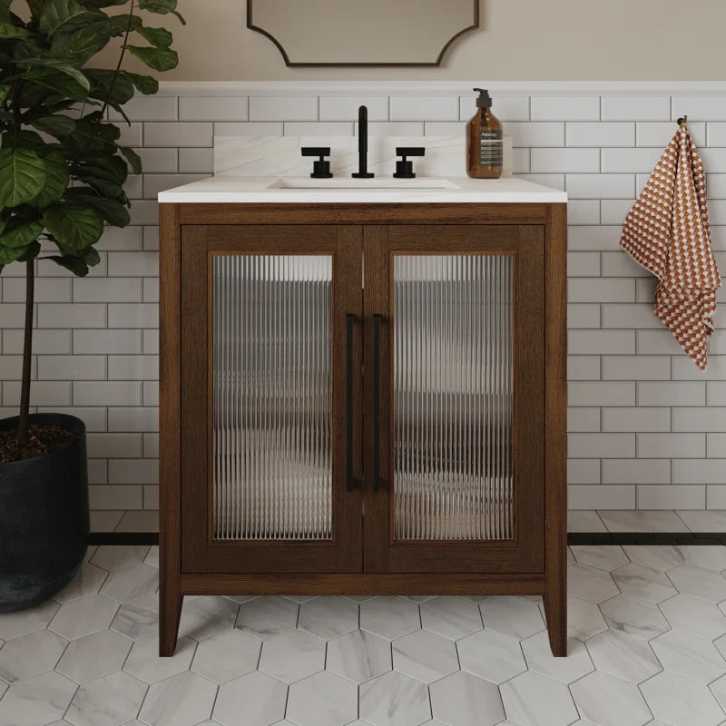 Apothecary 30W X 22D-Inch Single Bathroom Vanity With Fluted Glass Doors | Calacatta Quartz Countertop