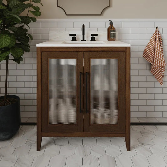 Apothecary 30W X 22D-Inch Single Bathroom Vanity With Fluted Glass Doors | Calacatta Quartz Countertop