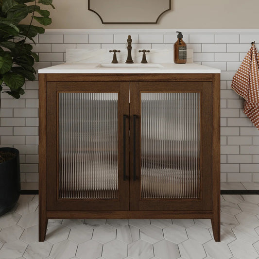 Apothecary 36W X 22D-Inch Single Bathroom Vanity With Fluted Glass Doors | Calacatta Quartz Countertop