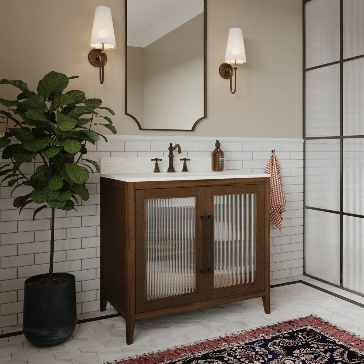 Apothecary 36W X 22D-Inch Single Bathroom Vanity With Fluted Glass Doors | Calacatta Quartz Countertop
