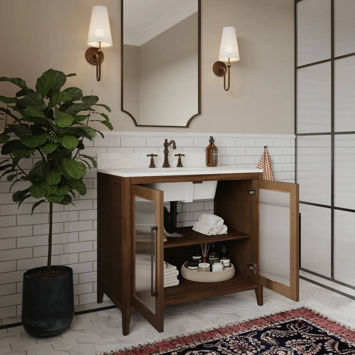 Apothecary 36W X 22D-Inch Single Bathroom Vanity With Fluted Glass Doors | Calacatta Quartz Countertop