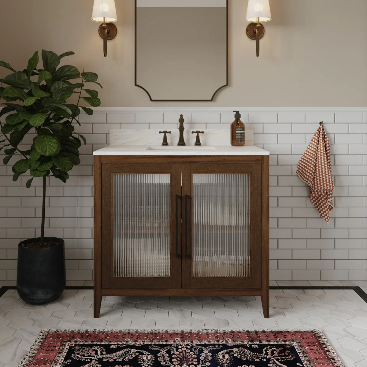 Apothecary 36W X 22D-Inch Single Bathroom Vanity With Fluted Glass Doors | Calacatta Quartz Countertop