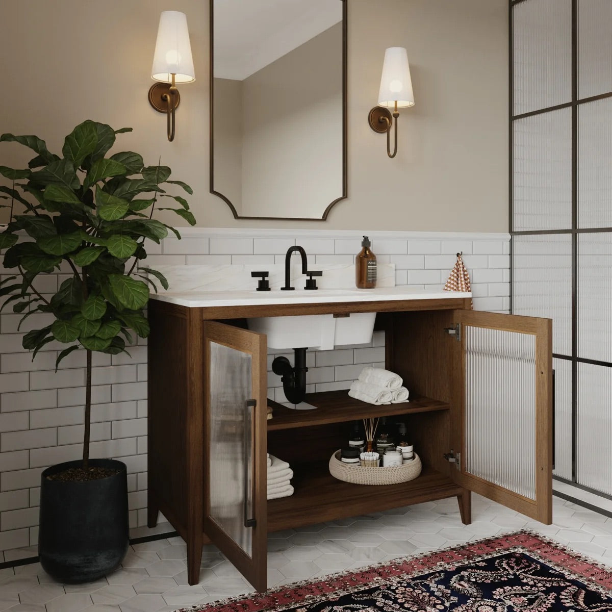 Apothecary 42W X 22D-Inch Single Bathroom Vanity With Fluted Glass Doors | Calacatta Quartz Countertop