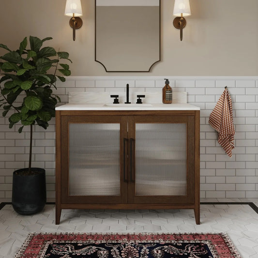 Apothecary 42W X 22D-Inch Single Bathroom Vanity With Fluted Glass Doors | Calacatta Quartz Countertop