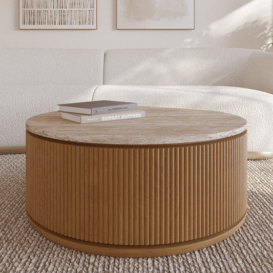 Aster 36" Round Reeded Coffee Table | Travertine Top