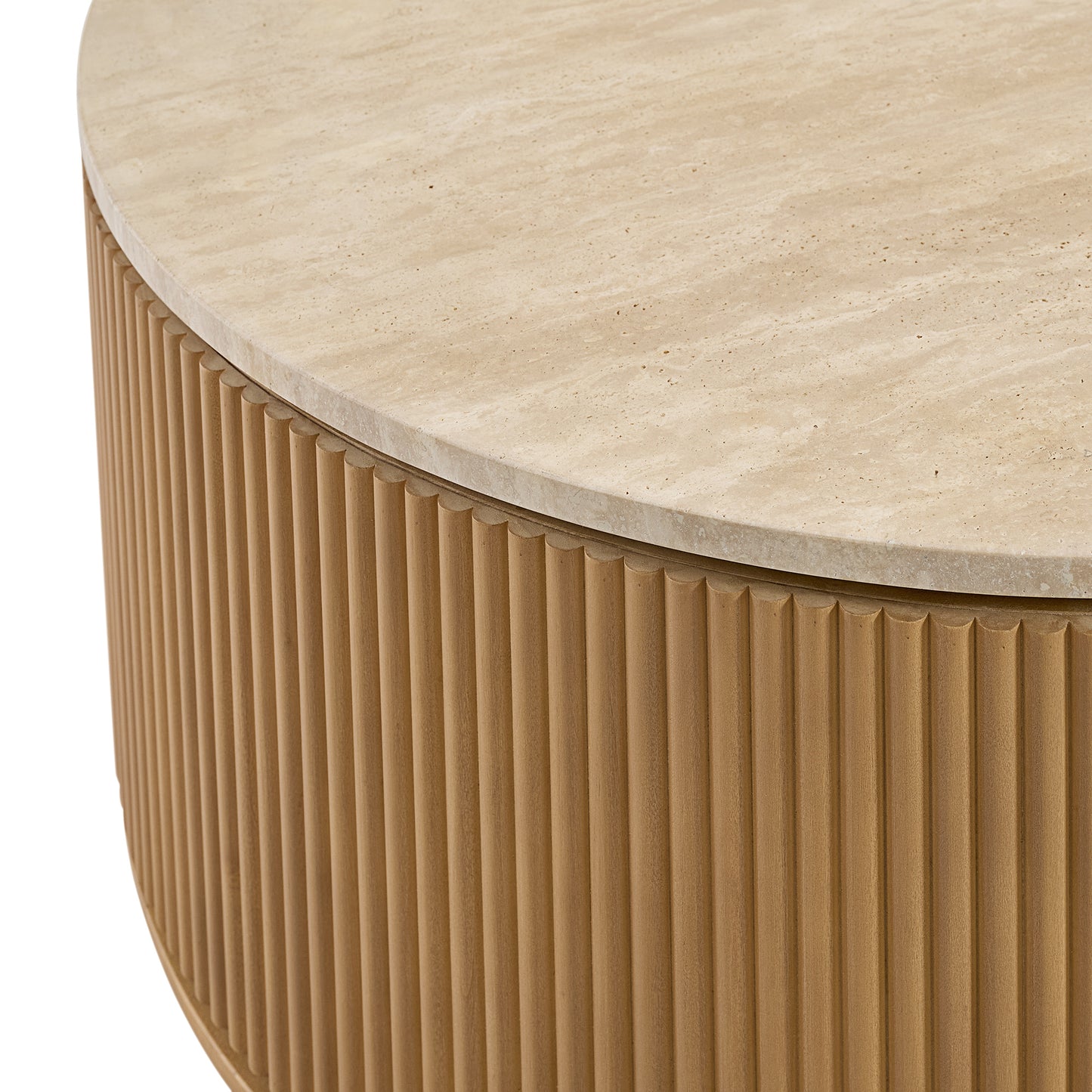 Aster 36" Round Reeded Coffee Table | Travertine Top