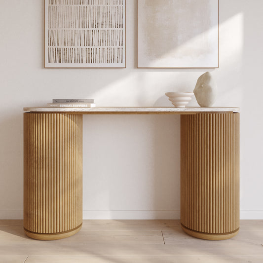 Aster 52" Reeded Console Table With Travertine Top