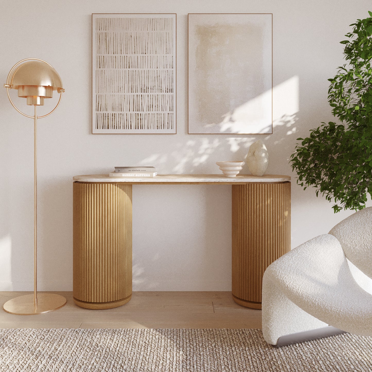 Aster 52" Reeded Console Table With Travertine Top