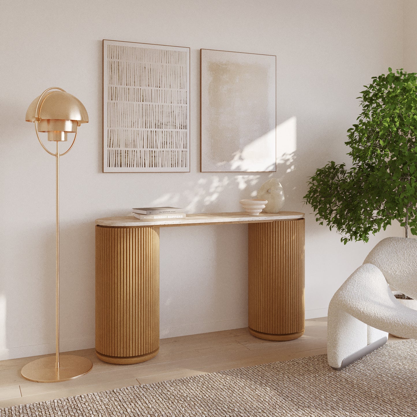 Aster 52" Reeded Console Table With Travertine Top