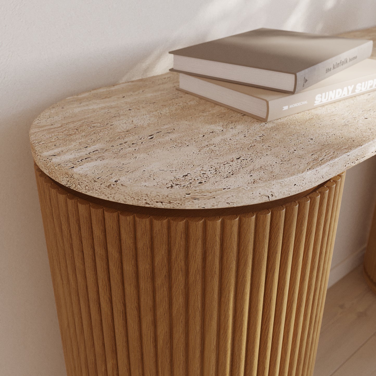 Aster 52" Reeded Console Table With Travertine Top