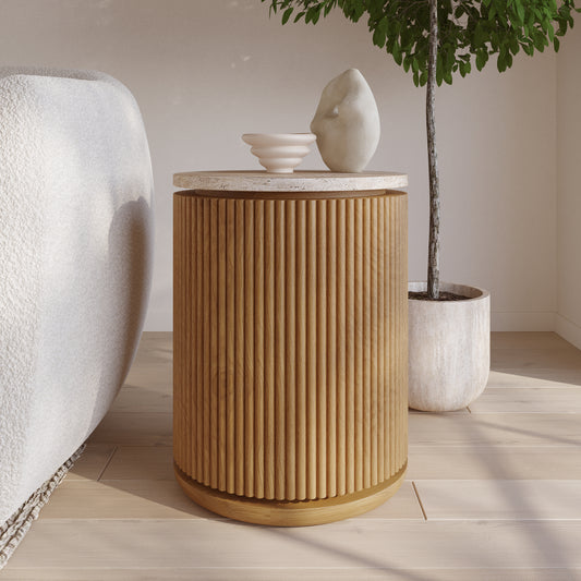 Aster 16" Reeded Side Table | Travertine Top