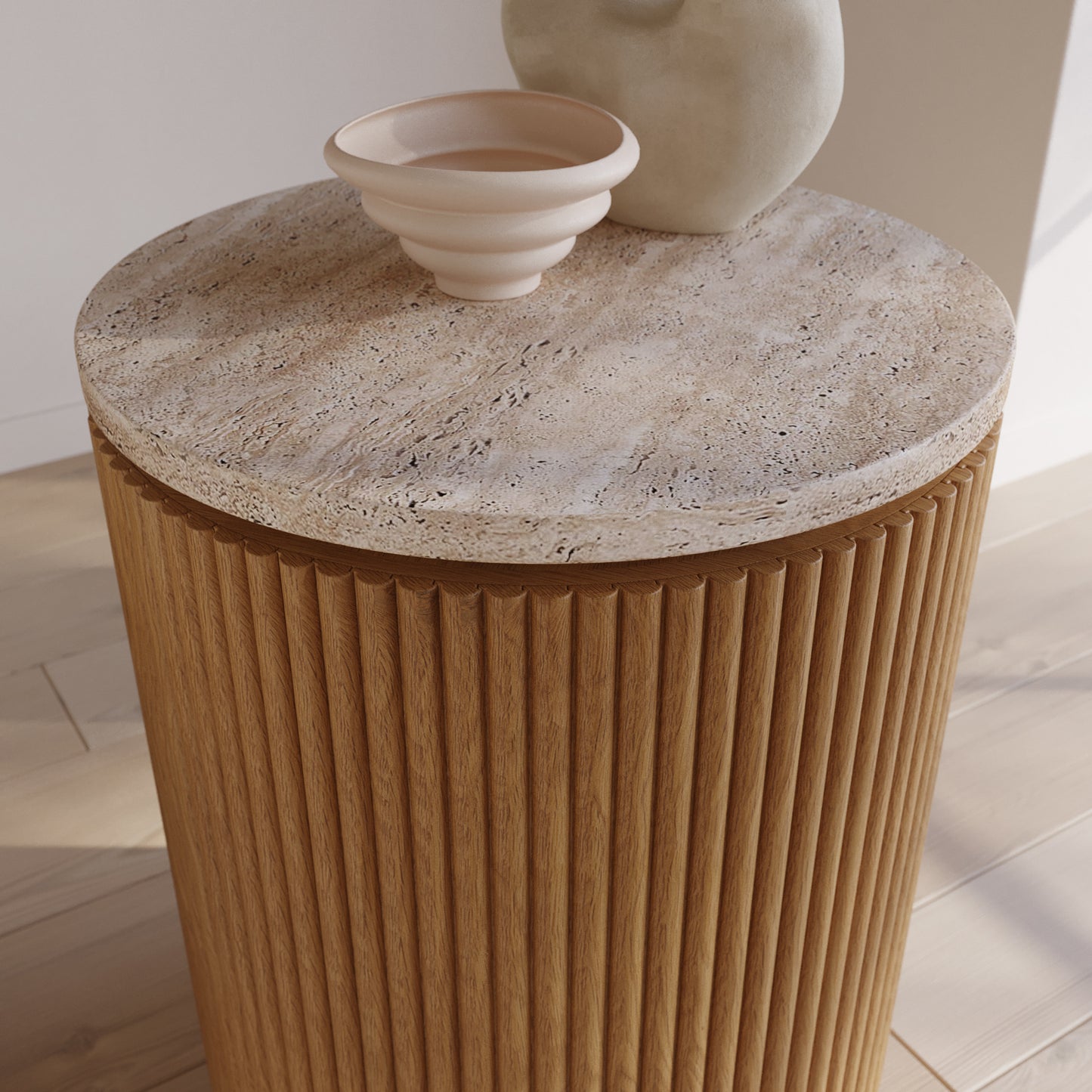 Aster 16" Reeded Side Table | Travertine Top